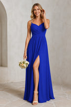 Romantic A-Line V-Neck Spaghetti-Strap Bow-Back Long Prom Dress