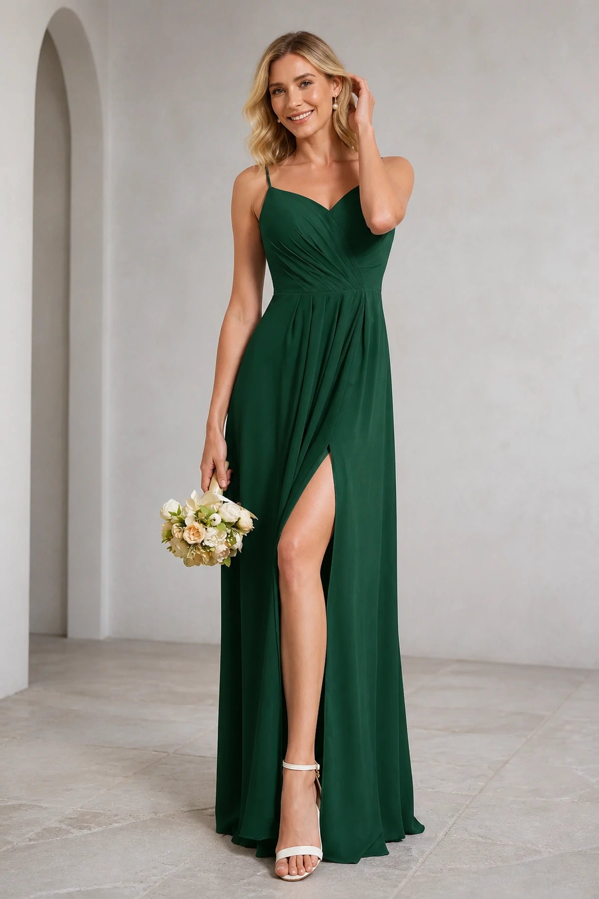 Romantic A-Line V-Neck Spaghetti-Strap Bow-Back Long Prom Dress