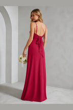 Ruby red A-line V-neck spaghetti strap long prom dress with front slit and bow back, front and back view by Vedress