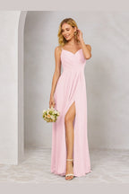 Romantic A-Line V-Neck Spaghetti-Strap Bow-Back Long Prom Dress