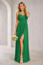 Romantic A-Line V-Neck Spaghetti-Strap Bow-Back Long Prom Dress