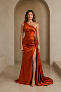 Rust orange bridesmaid dress with one-shoulder neckline, structured bodice, ruched waist, high slit and floor-length skirt front view