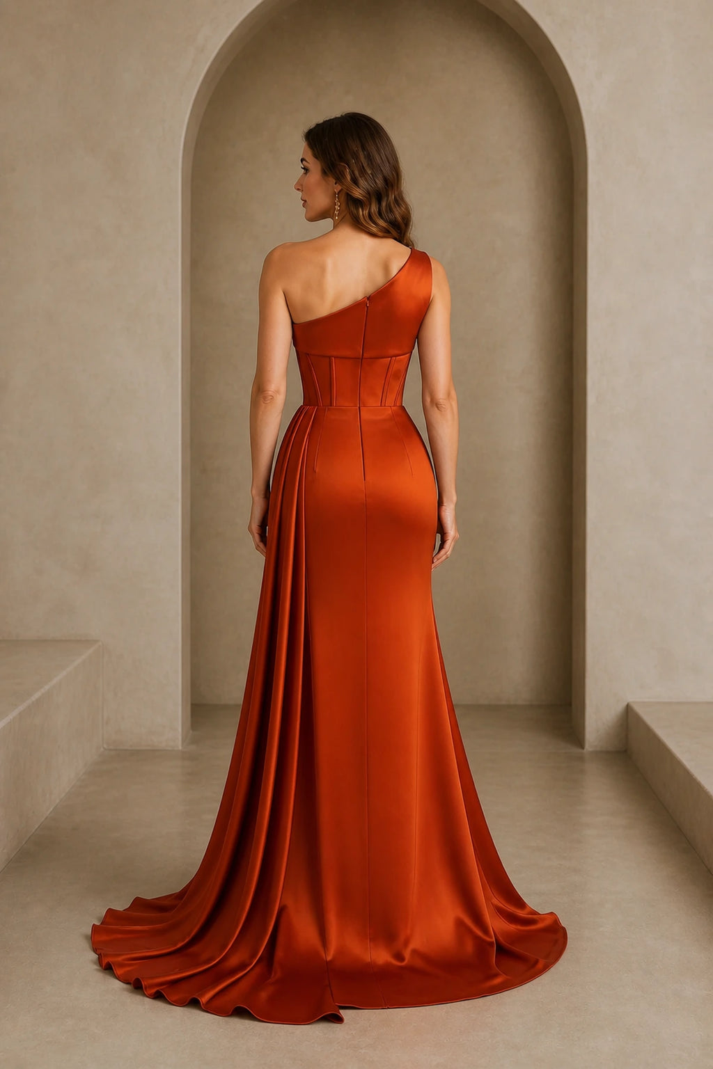 Rust orange floor-length bridesmaid dress with asymmetric one-shoulder back, center zipper and sweep train back view