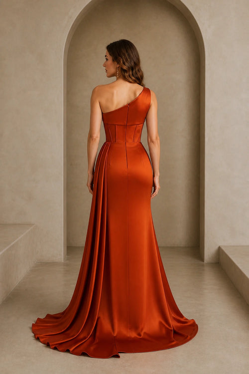 Rust orange floor-length bridesmaid dress with asymmetric one-shoulder back, center zipper and sweep train back view