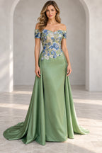 Sage green Mother of the Bride Dress with off-shoulder neckline, blue floral embroidery and floor-length skirt