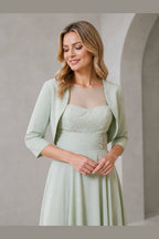 Graceful A-Line Illusion Bateau Bolero Sleeve Modest Back Midi Mother of Bride Dress