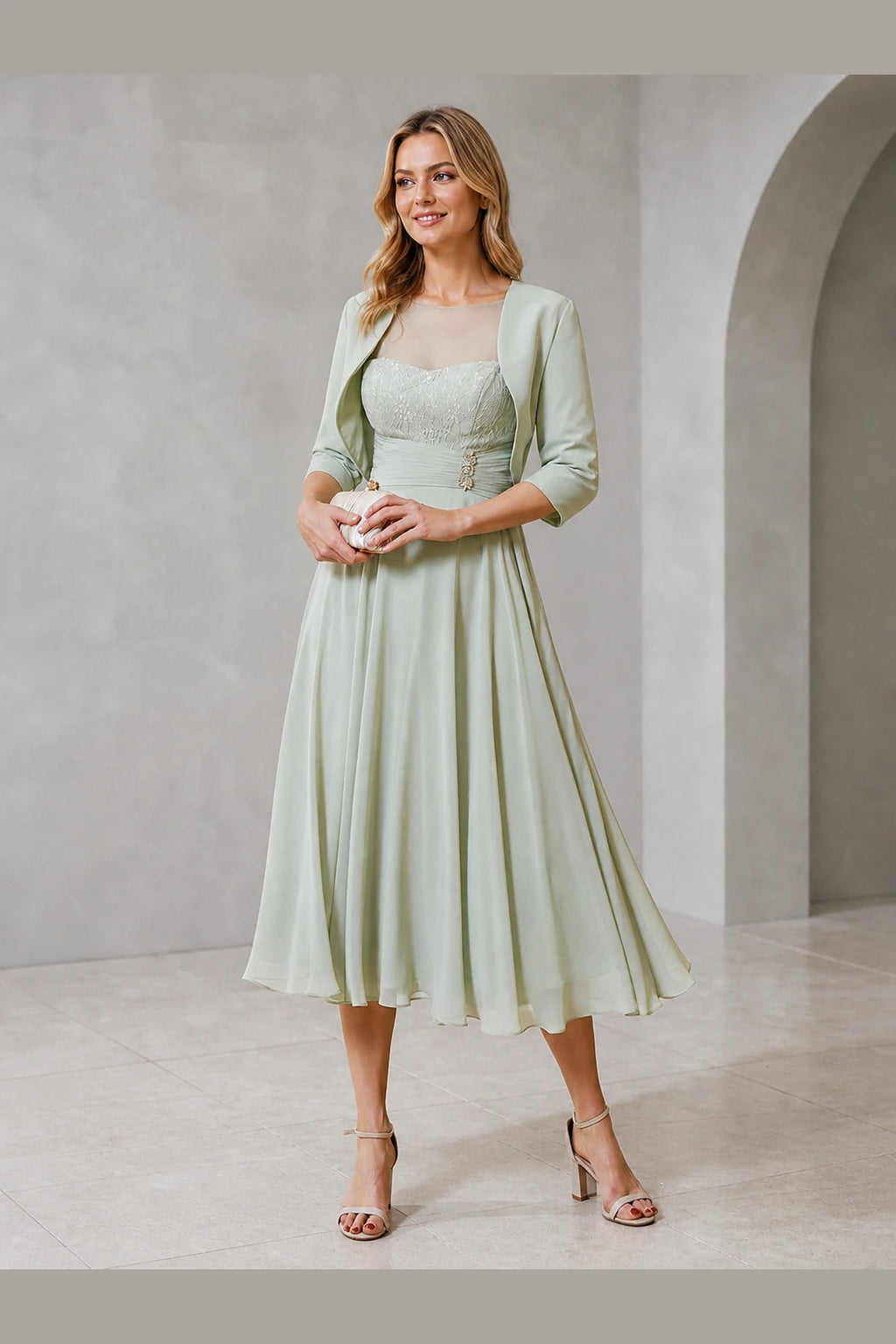 Graceful A-Line Illusion Bateau Bolero Sleeve Modest Back Midi Mother of Bride Dress