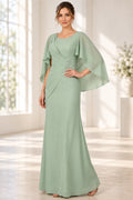 Sage green mother of the bride dress with scoop neckline cape sleeves and draped bodice