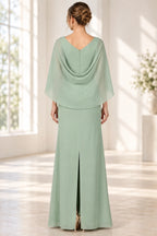 Sage green mother of the bride dress with V back draped cape overlay and floor length skirt