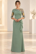 Sage green Mother of the Bride Dress with asymmetrical draped neckline, embroidered sheer sleeves and side ruffle