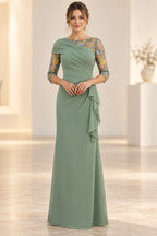 Sage green Mother of the Bride Dress with asymmetrical draped neckline, embroidered sheer sleeves and side ruffle
