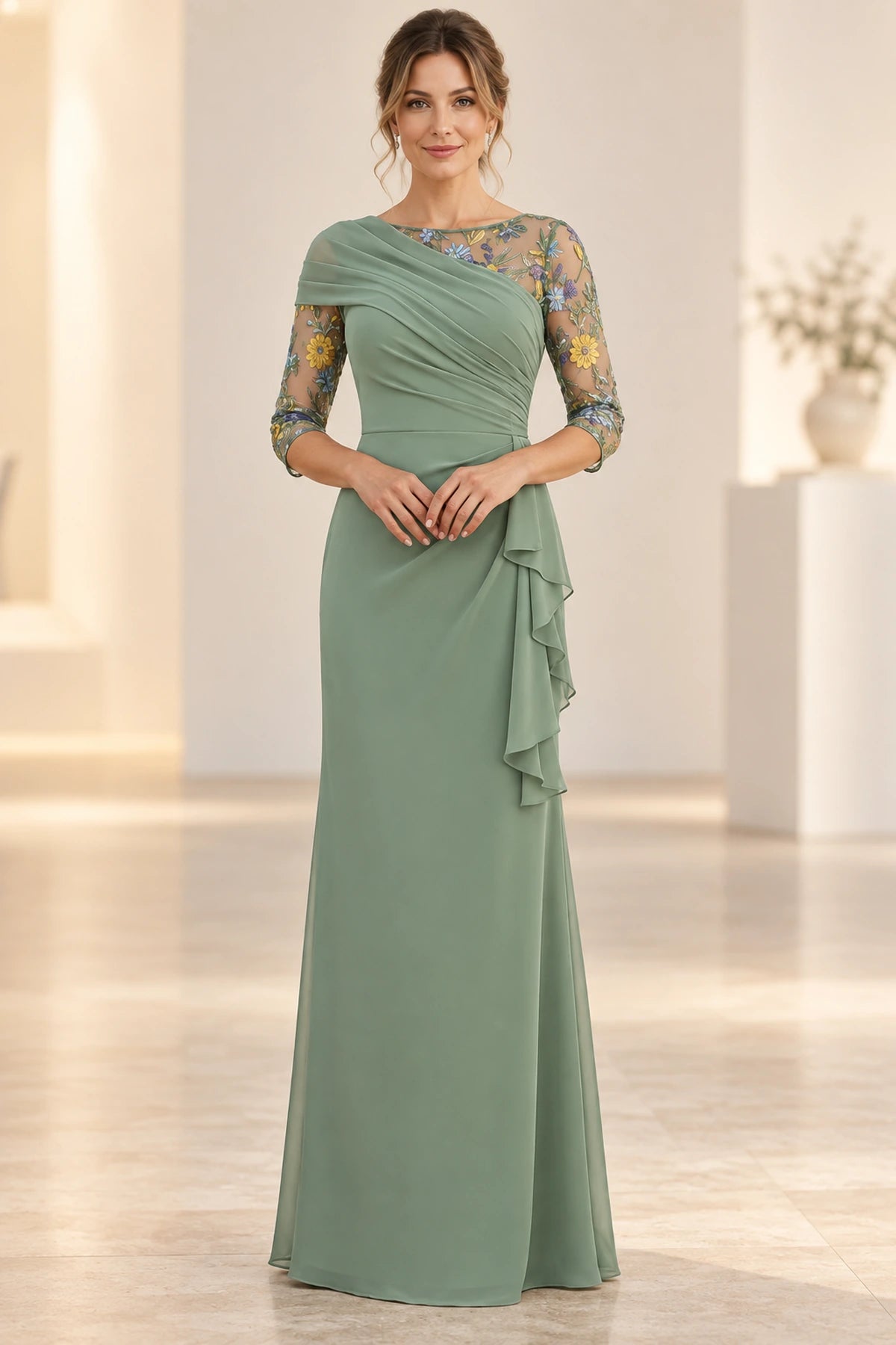 Sage green Mother of the Bride Dress with asymmetrical draped neckline, embroidered sheer sleeves and side ruffle