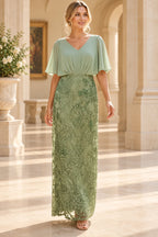 Sage green Mother of the Bride Dress with V-neck, cape sleeves, gathered waist and floral lace skirt