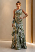 Sage green mother of the bride dress with one-shoulder neckline, floral pattern, ruched bodice, and cascading ruffle skirt