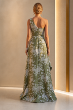 Back view of sage green floral mother of the bride dress with asymmetrical one-shoulder back and floor-length A-line skirt