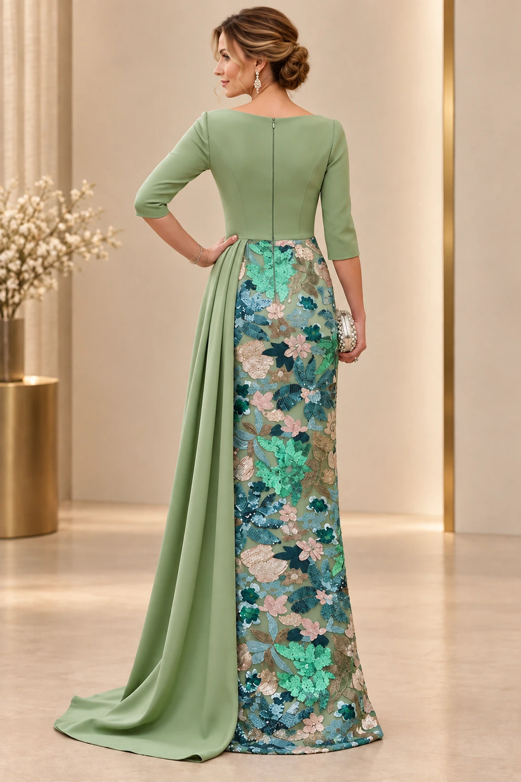 Back view of sage green Mother of the Bride Dress with closed back, three-quarter sleeves and floral embroidered floor-length skirt
