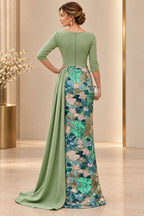 Back view of sage green Mother of the Bride Dress with closed back, three-quarter sleeves and floral embroidered floor-length skirt