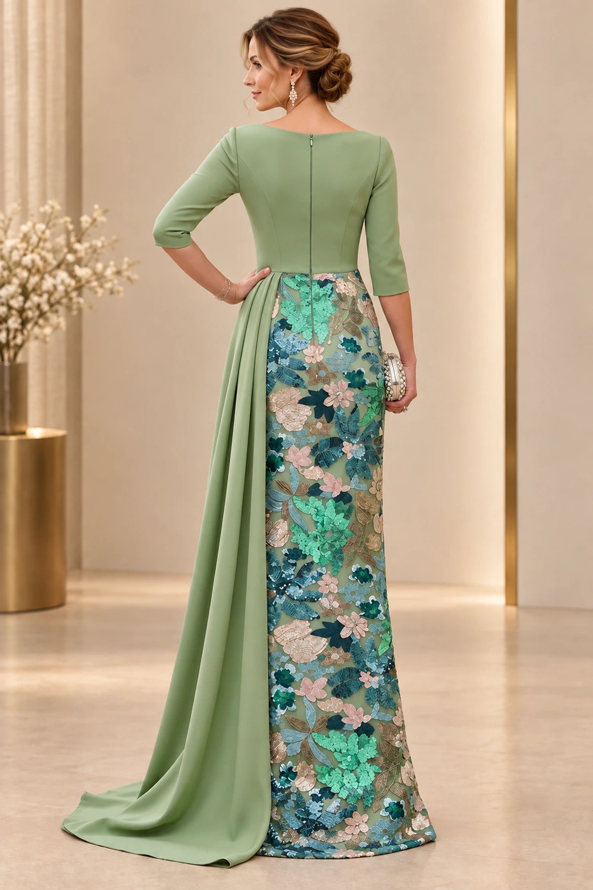 Back view of sage green Mother of the Bride Dress with closed back, three-quarter sleeves and floral embroidered floor-length skirt