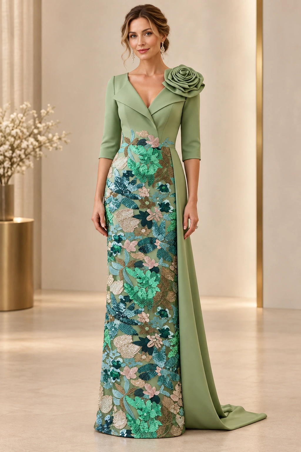 Sage green sheath Mother of the Bride Dress with V-neck, three-quarter sleeves, floral embroidered skirt and shoulder flower