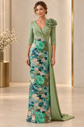Sage green sheath Mother of the Bride Dress with V-neck, three-quarter sleeves, floral embroidered skirt and shoulder flower