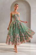 GraceProm sage green floral strapless A-line midi wedding guest dress