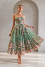 GraceProm sage green floral strapless A-line midi wedding guest dress