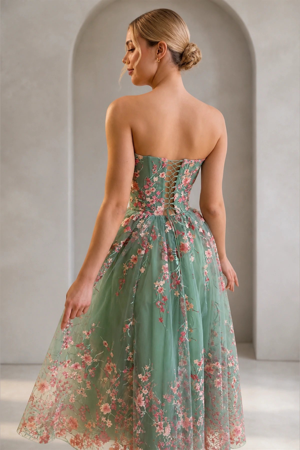 Romantic A-Line Strapless Lace-Up Back Floral Midi Wedding Guest Dress