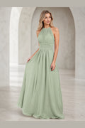 Sage green A-line halter neck long bridesmaid dress with ruched waist and keyhole back by Vedress