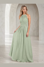 Sage green A-line halter neck long bridesmaid dress with ruched waist and keyhole back by Vedress