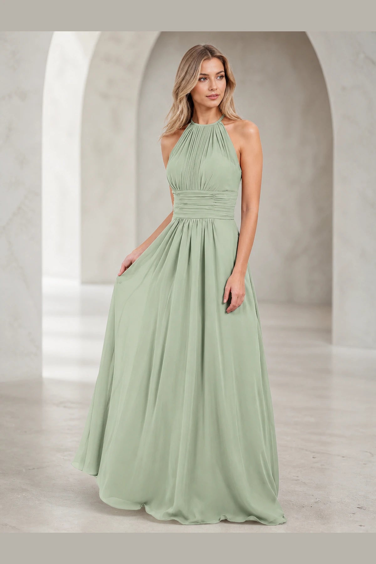Sage green A-line halter neck long bridesmaid dress with ruched waist and keyhole back by Vedress