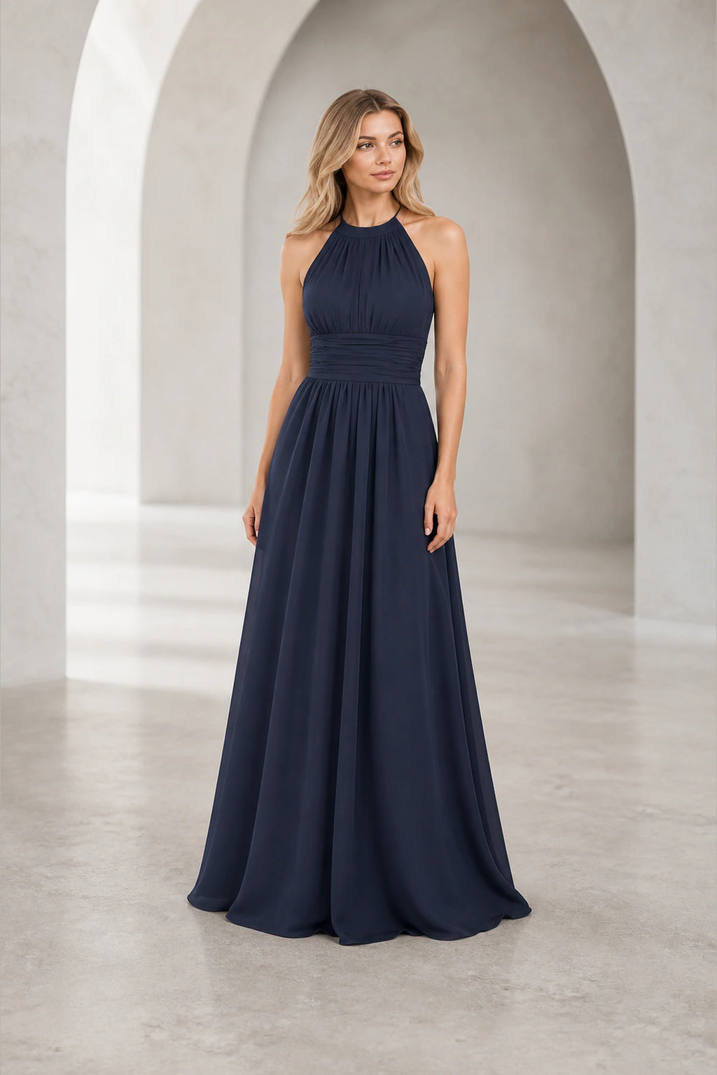 Romantic A-Line Halter Neck Sleeveless Keyhole Back Long Bridesmaid Dress