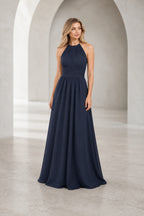 Romantic A-Line Halter Neck Sleeveless Keyhole Back Long Bridesmaid Dress