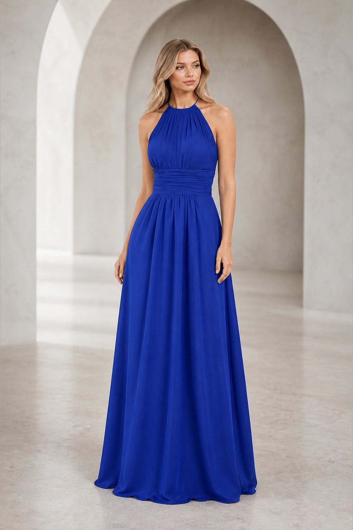 Romantic A-Line Halter Neck Sleeveless Keyhole Back Long Bridesmaid Dress