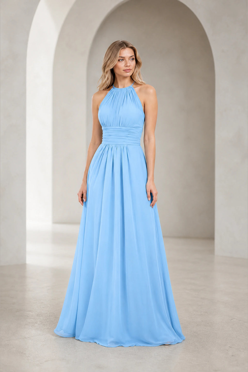 Romantic A-Line Halter Neck Sleeveless Keyhole Back Long Bridesmaid Dress