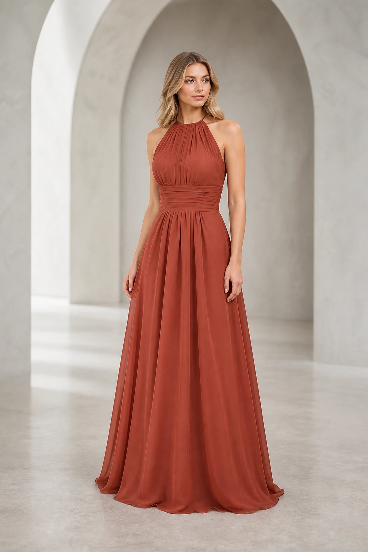 Romantic A-Line Halter Neck Sleeveless Keyhole Back Long Bridesmaid Dress