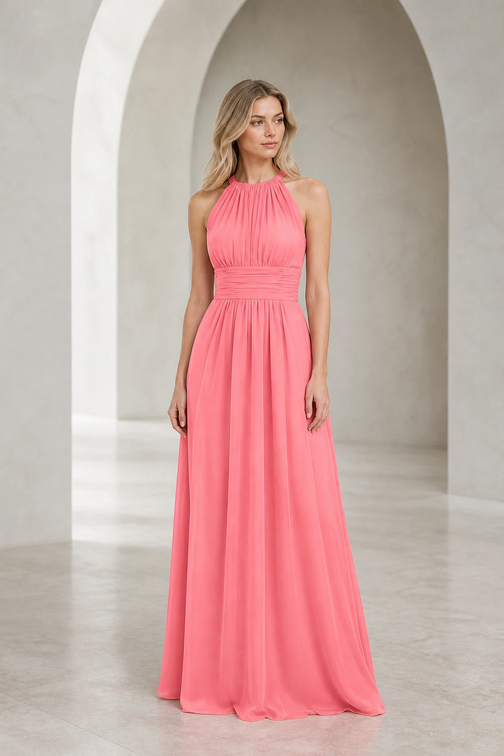 Romantic A-Line Halter Neck Sleeveless Keyhole Back Long Bridesmaid Dress