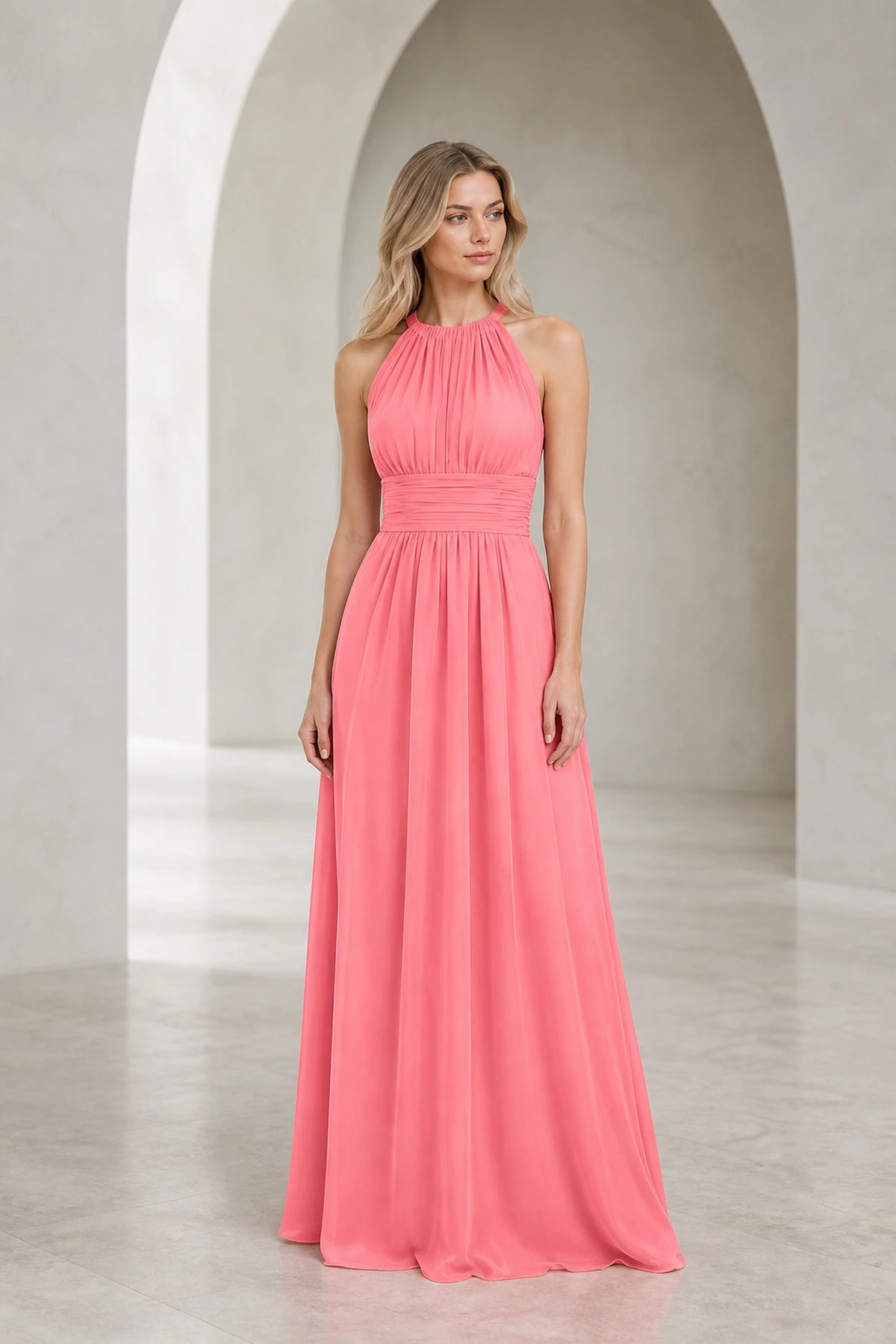 Romantic A-Line Halter Neck Sleeveless Keyhole Back Long Bridesmaid Dress