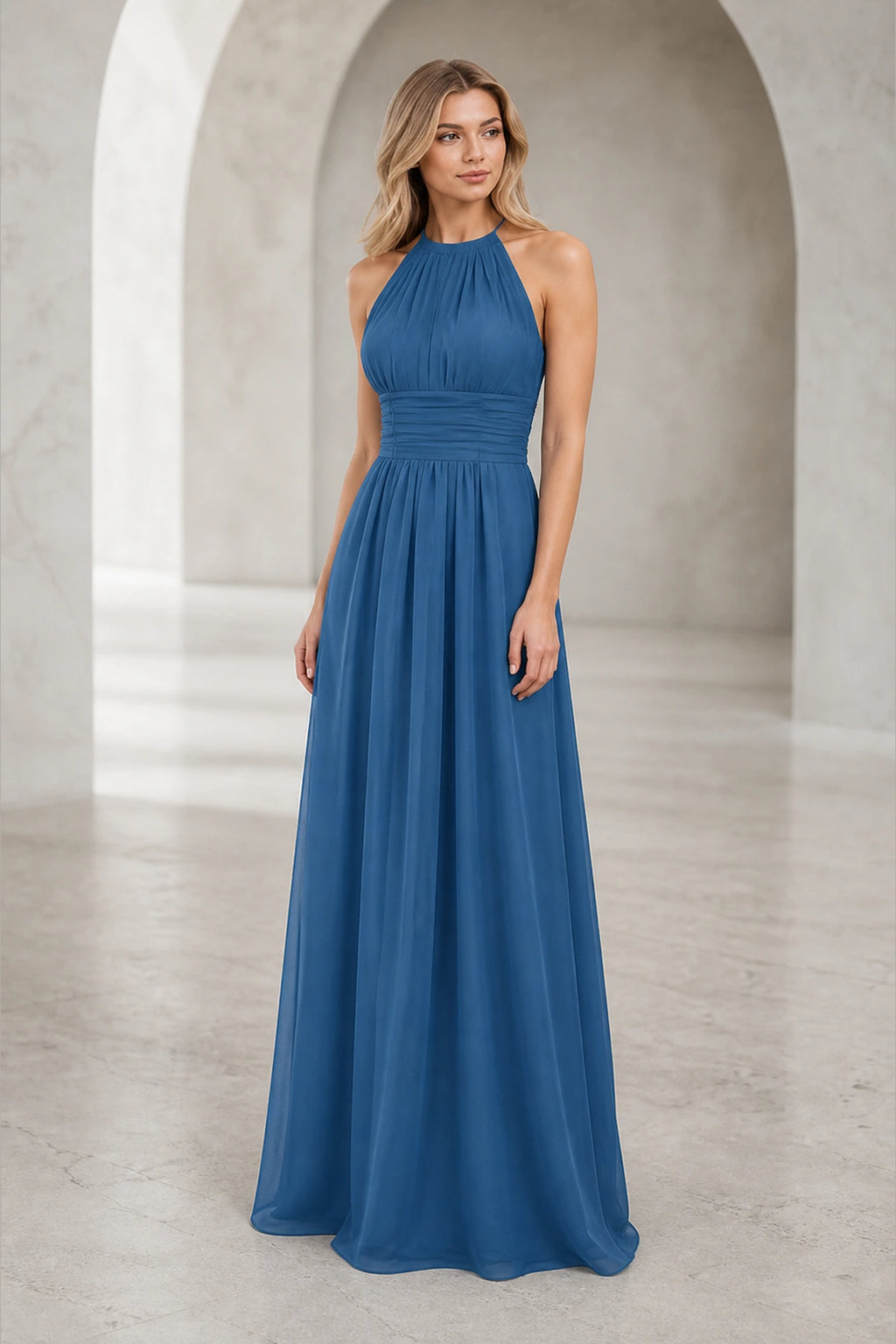 Romantic A-Line Halter Neck Sleeveless Keyhole Back Long Bridesmaid Dress