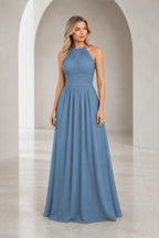 Romantic A-Line Halter Neck Sleeveless Keyhole Back Long Bridesmaid Dress