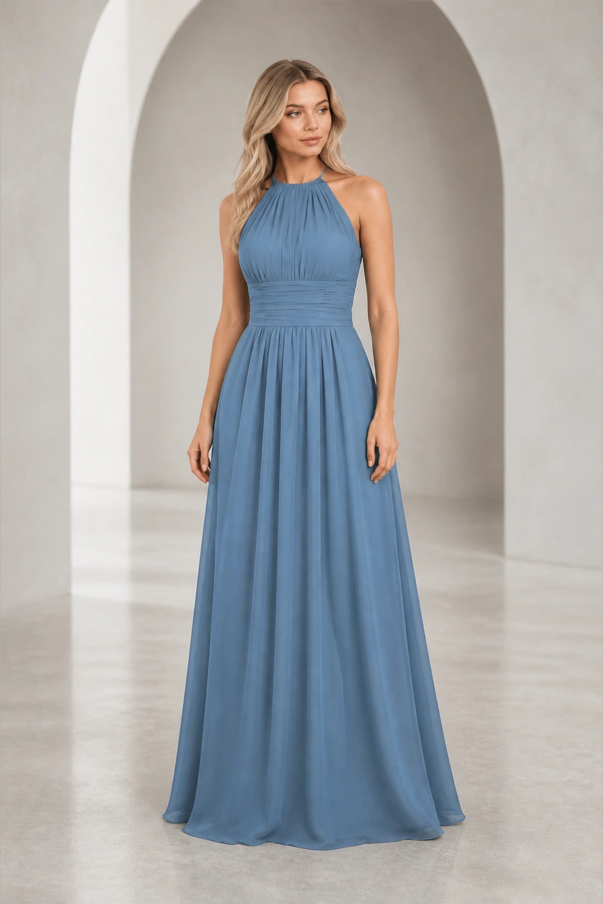 Romantic A-Line Halter Neck Sleeveless Keyhole Back Long Bridesmaid Dress