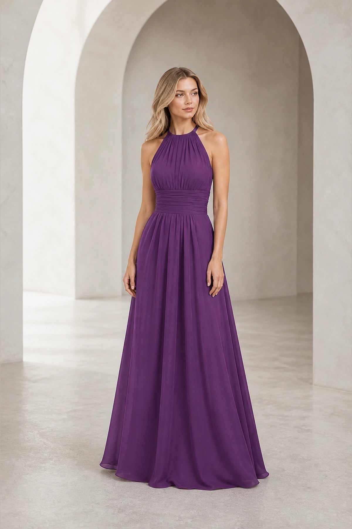 Romantic A-Line Halter Neck Sleeveless Keyhole Back Long Bridesmaid Dress