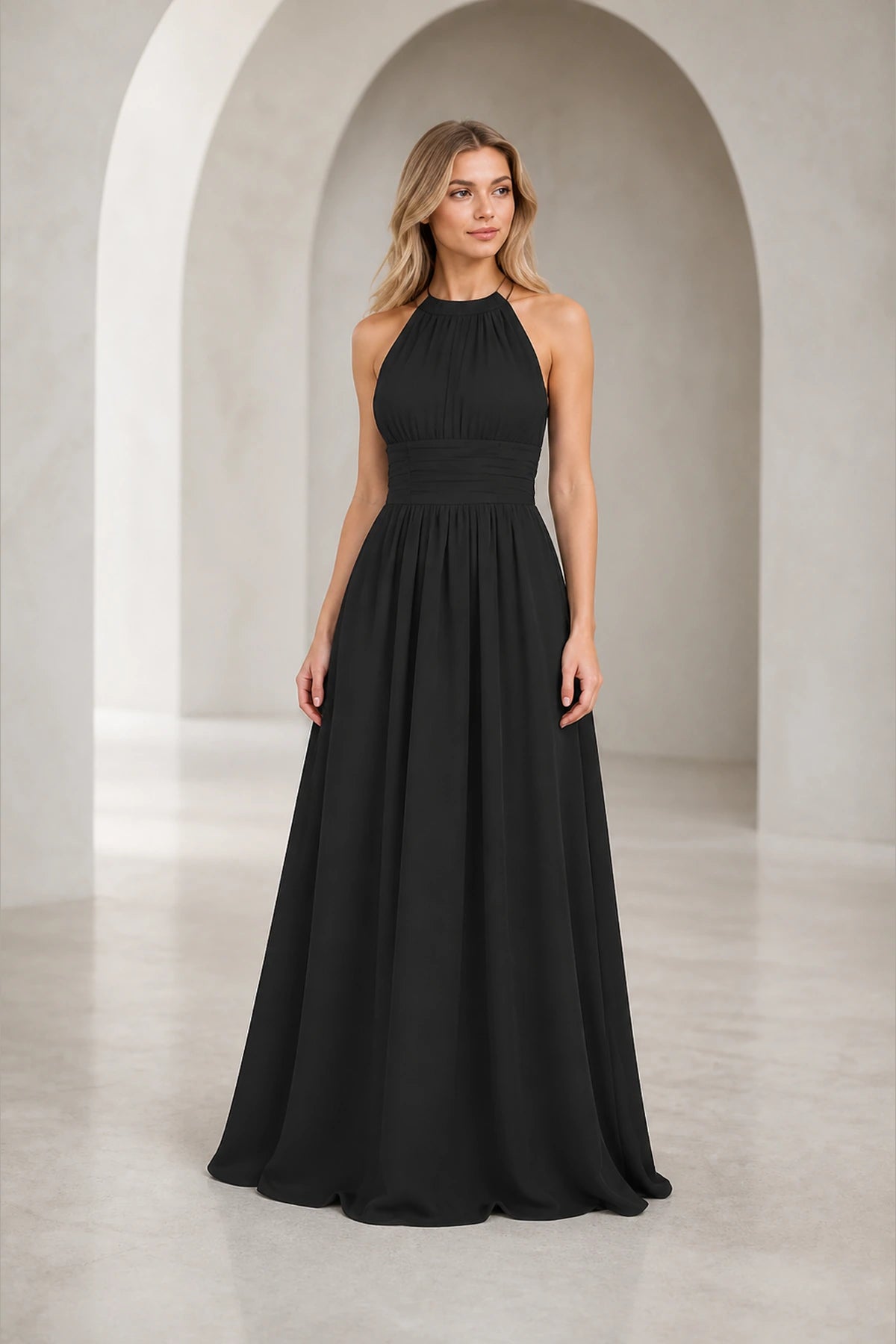 Romantic A-Line Halter Neck Sleeveless Keyhole Back Long Bridesmaid Dress