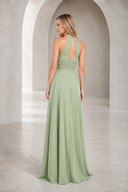 Sage green A-line halter neck long bridesmaid dress with ruched waist and keyhole back by Vedress