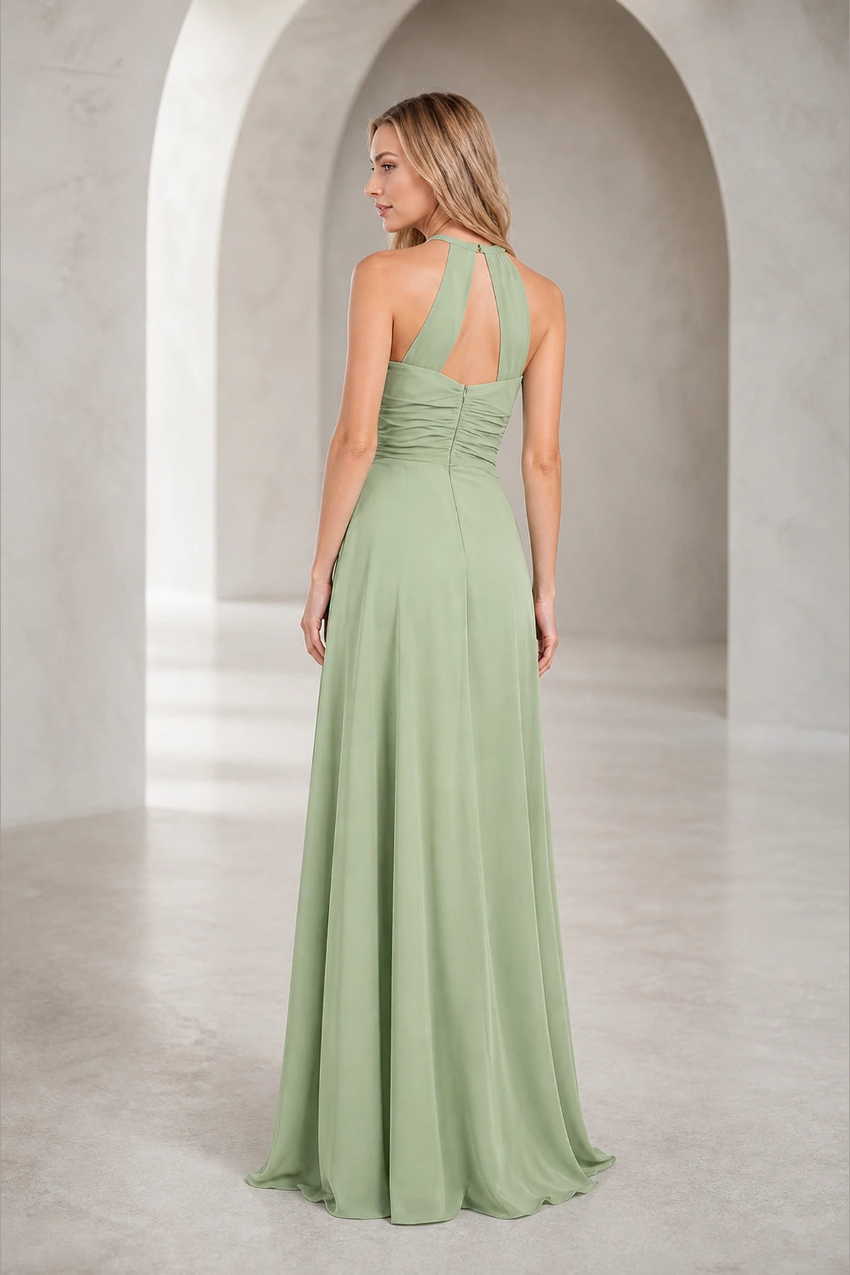 Sage green A-line halter neck long bridesmaid dress with ruched waist and keyhole back by Vedress