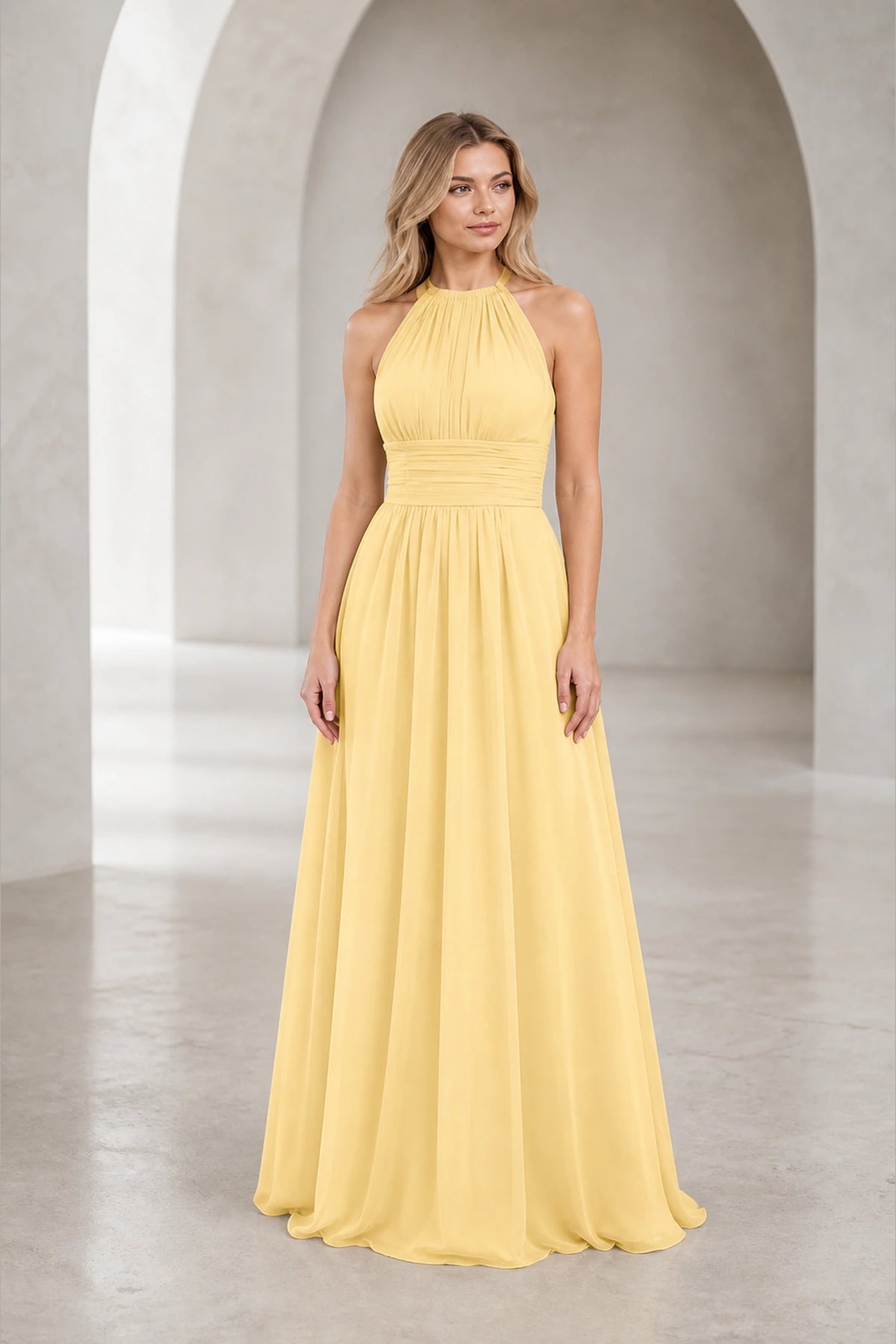 Romantic A-Line Halter Neck Sleeveless Keyhole Back Long Bridesmaid Dress