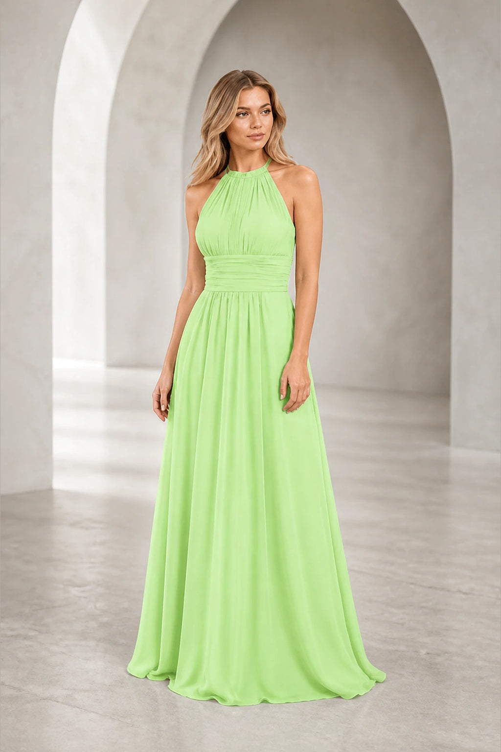 Romantic A-Line Halter Neck Sleeveless Keyhole Back Long Bridesmaid Dress