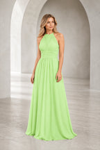Romantic A-Line Halter Neck Sleeveless Keyhole Back Long Bridesmaid Dress