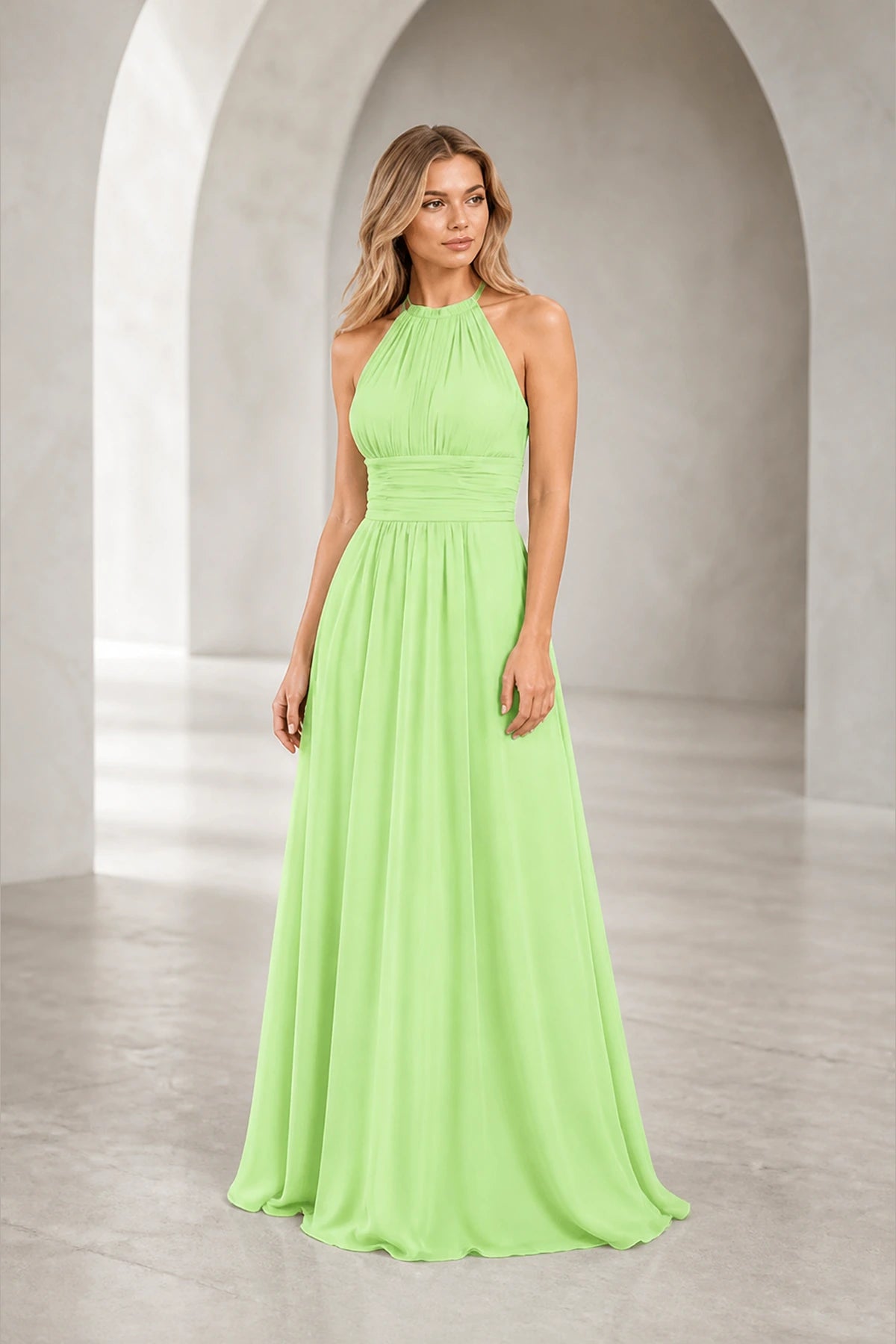 Romantic A-Line Halter Neck Sleeveless Keyhole Back Long Bridesmaid Dress