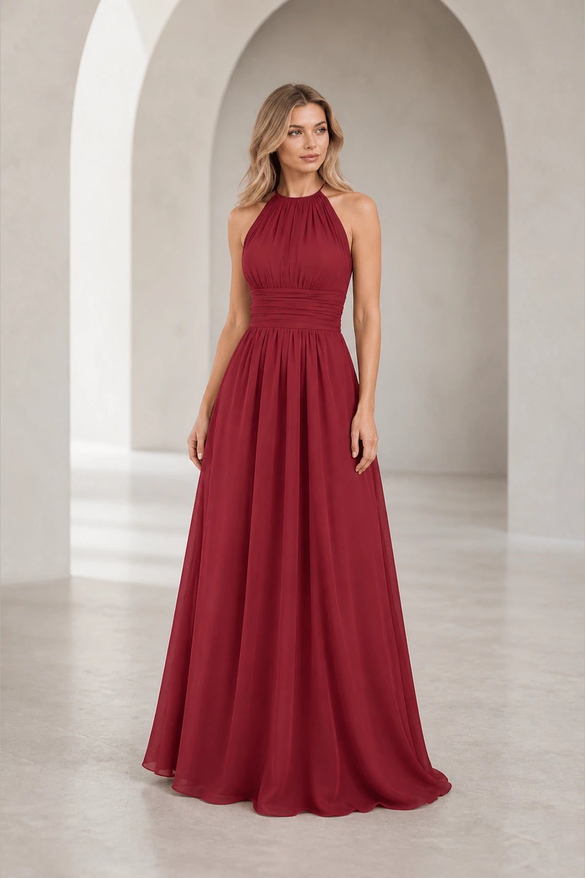 Romantic A-Line Halter Neck Sleeveless Keyhole Back Long Bridesmaid Dress