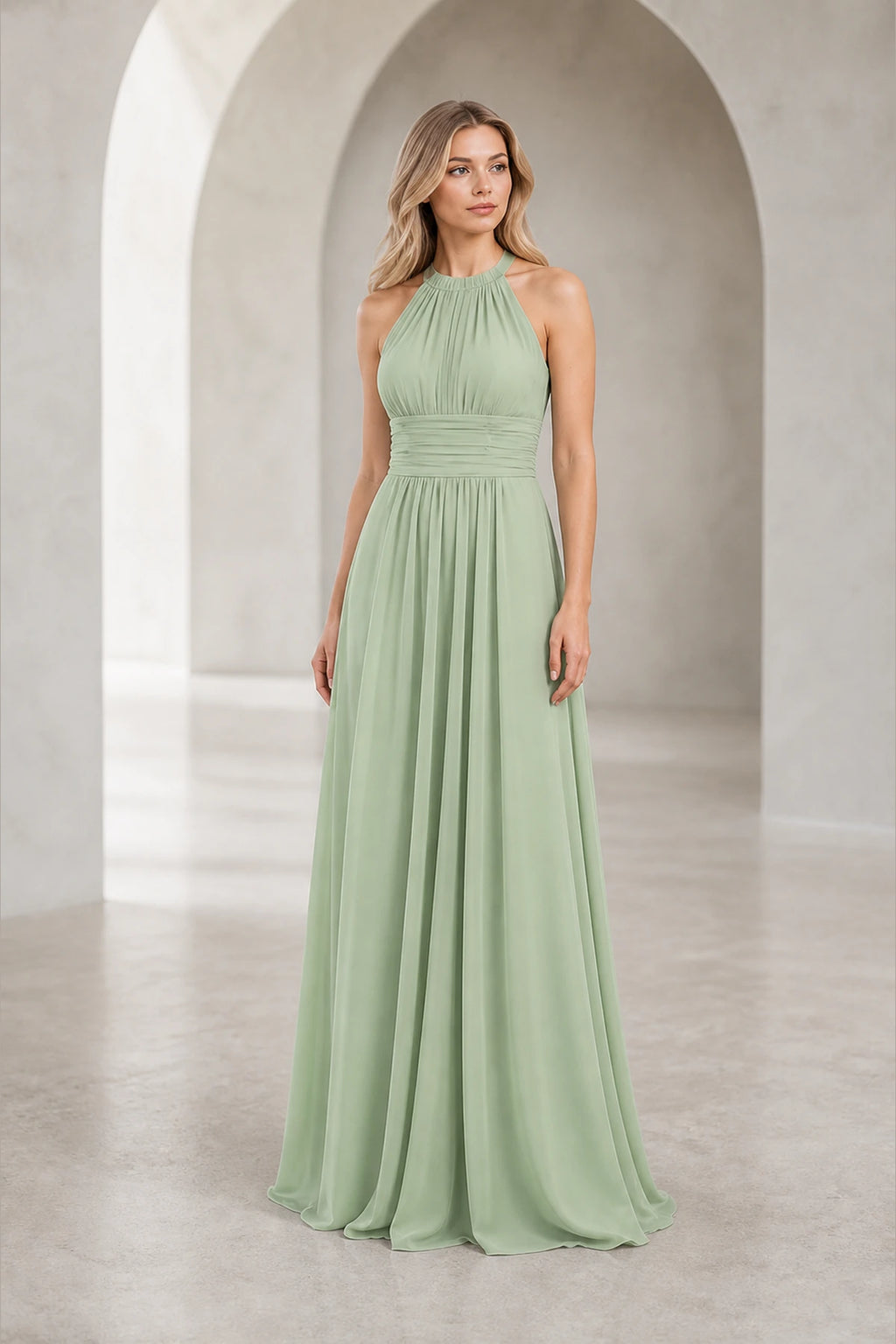 Romantic A-Line Halter Neck Sleeveless Keyhole Back Long Bridesmaid Dress